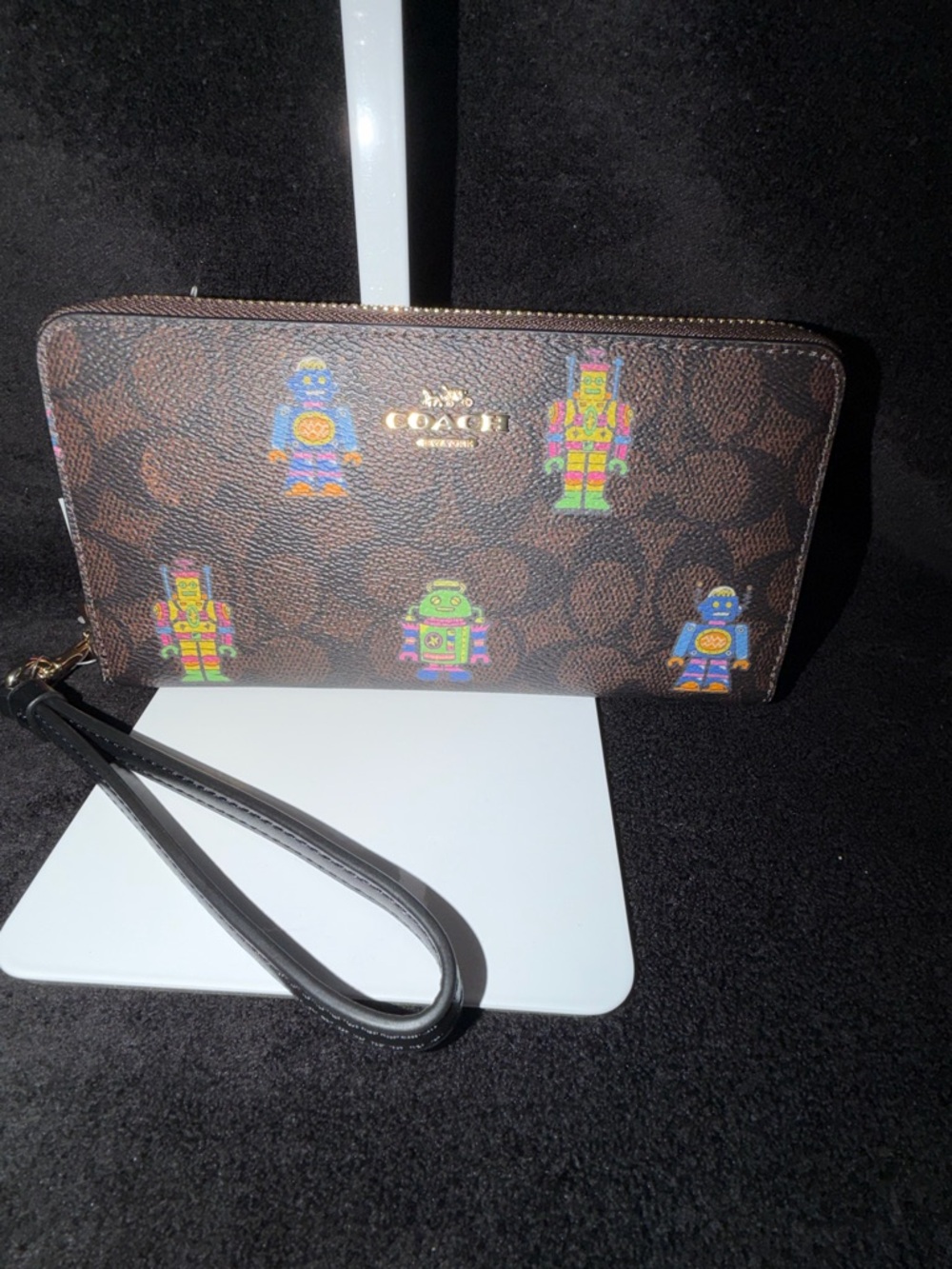 Coach Brown Signature Zip Wristlet with Multicolor Robot Motif